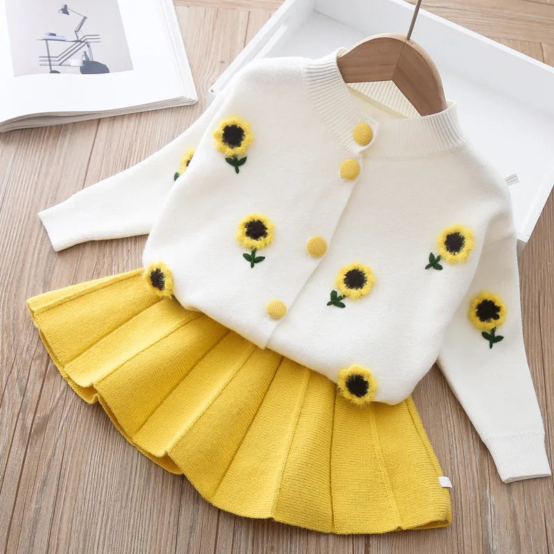 Girls long sleeve knitting suit 2024 Christmas autumn winter new girls sweater cardigan knitting Top + skirt two piece set