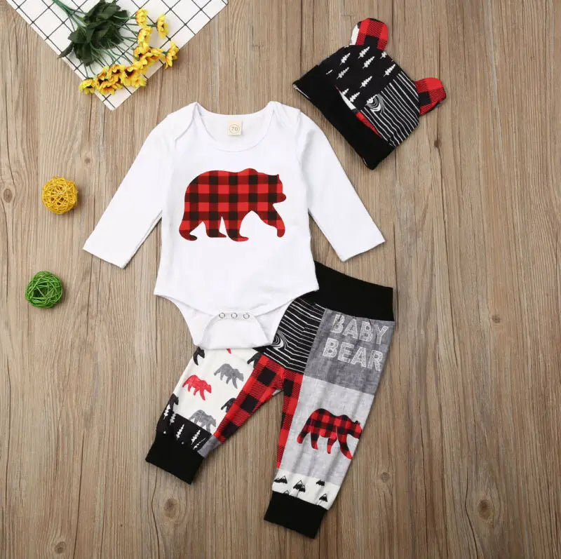 Citgeett Fall Autumn 3PCS Newborn Baby Boy Girl Christmas Clothes Set Bear Print Romper Pants Outfits Spring Set