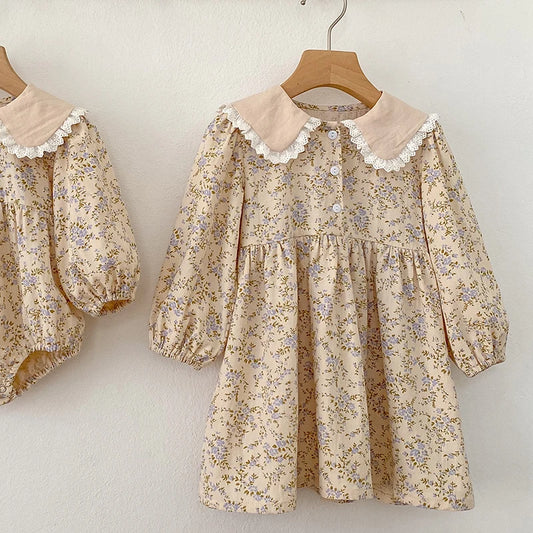 Autumn Baby Girls Doll Collar Dress Sweet Kid Baby Girls Dress Long Sleeve Flower Printing Princess Dress Children Clothes Dress