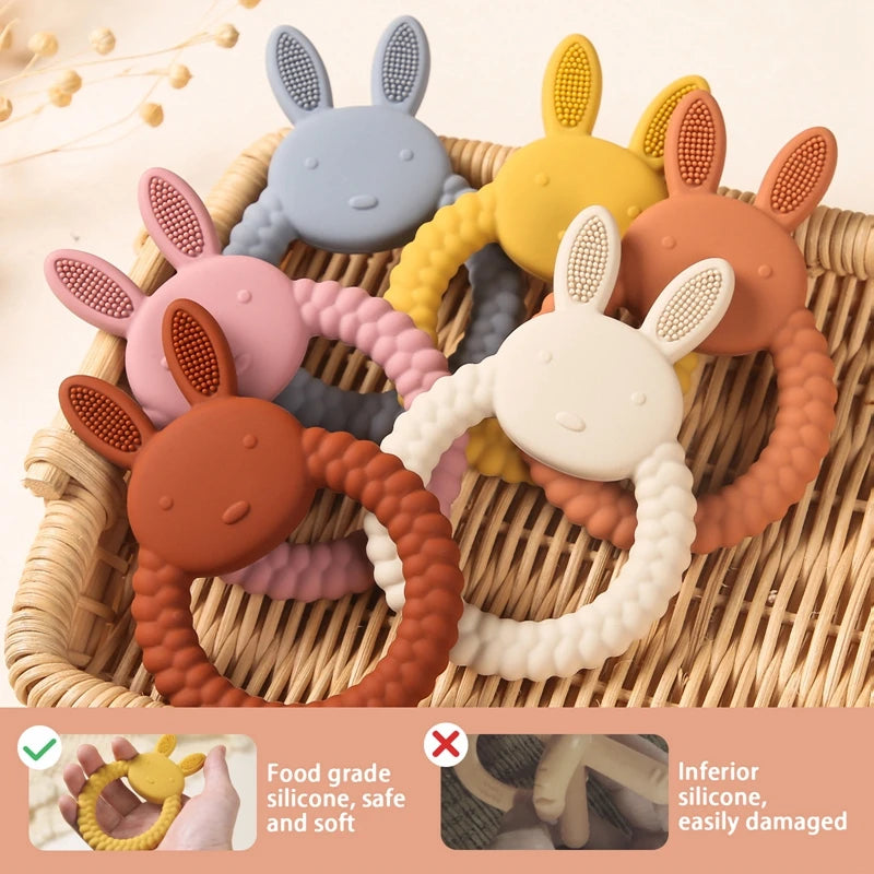 1pc Baby Silicone Teether Cartoon Rabbit Rodent Teething Ring Food Grade Diy Accessories Teething Molar Toys Infant Rattle Toy