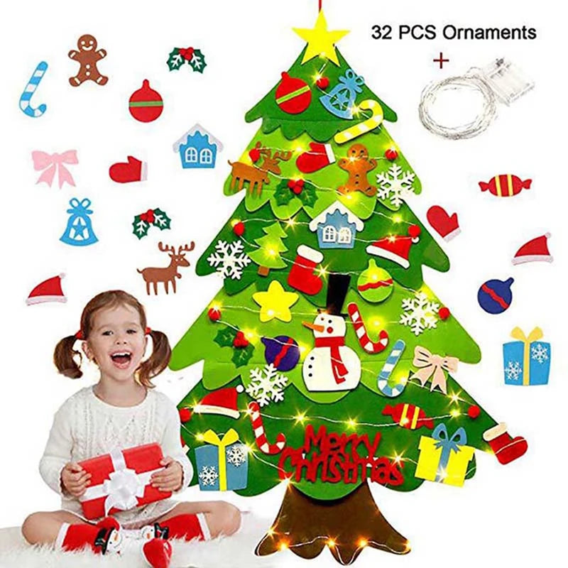 DIY Felt Christmas Tree With Led String For Xmas Gifts Christmas Hanging Party Decor Christmas Decor Ornaments Without Battery