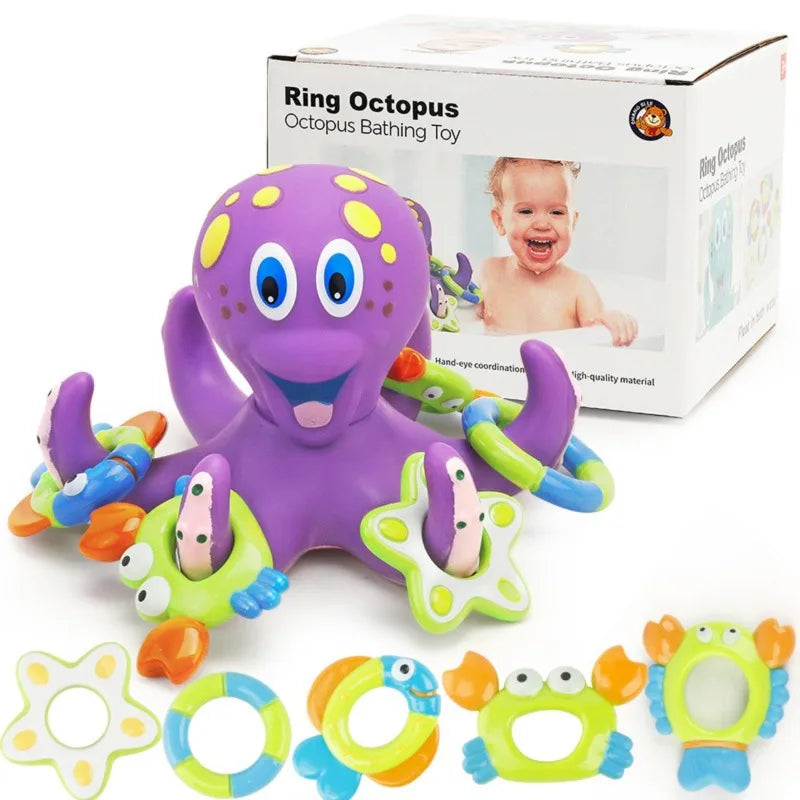 Floating Purple Octopus Bath Toys for Toddlers with 3 Hoopla Rings Interactive Bath Toy for Bathroom, Pool, Bathtub