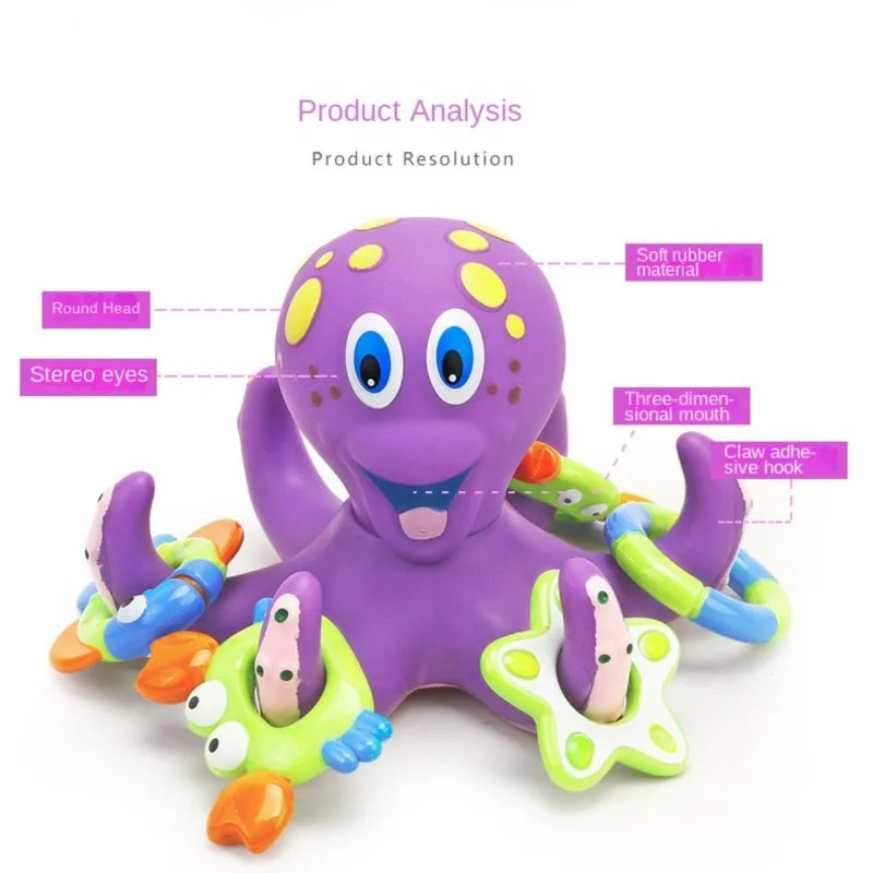 Floating Purple Octopus Bath Toys for Toddlers with 3 Hoopla Rings Interactive Bath Toy for Bathroom, Pool, Bathtub