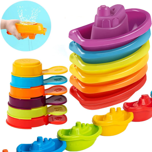 Baby Bath Toys, Stacking Boat & Spoons Toys, Early Education Intelligence Gift, Rainbow Color Stacked Cup Folding Tower Baby Toy