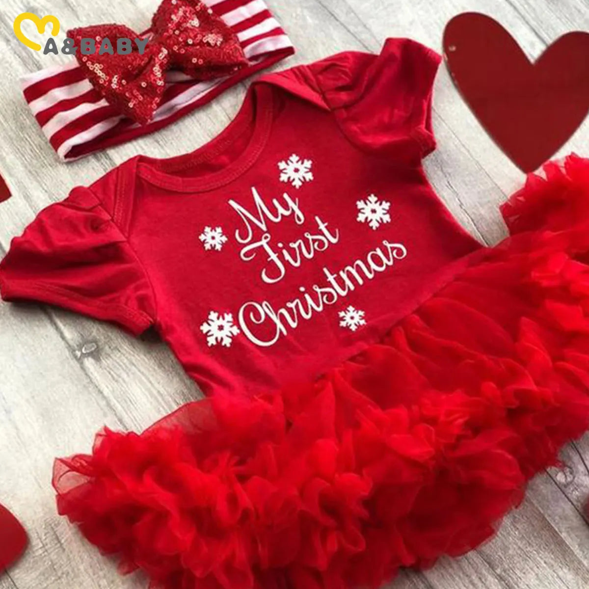 Ma&Baby 0-24M 1st Christmas Baby Girl Romper Newborn Infant Toddler Girl Letter Lace Ruffle Jumpsuit Xmas Costumes D01