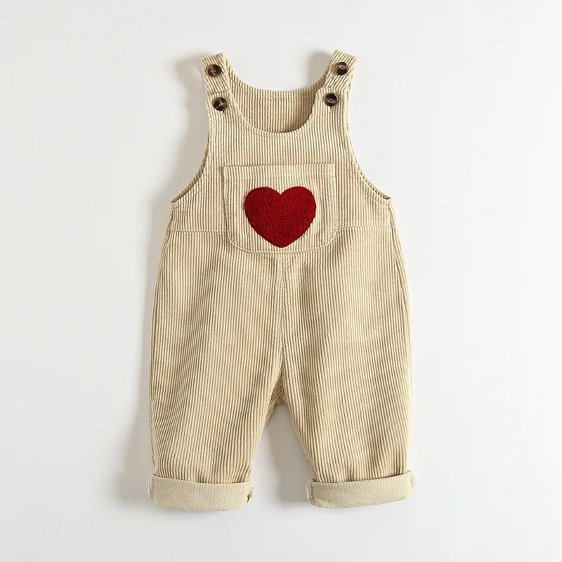 Spring 1-4Y Toddler Baby Boys Girls Solid Corduroy Suspander Overalls Heart Pattern Kids Playsuit Jumpsuit Clothes Romper