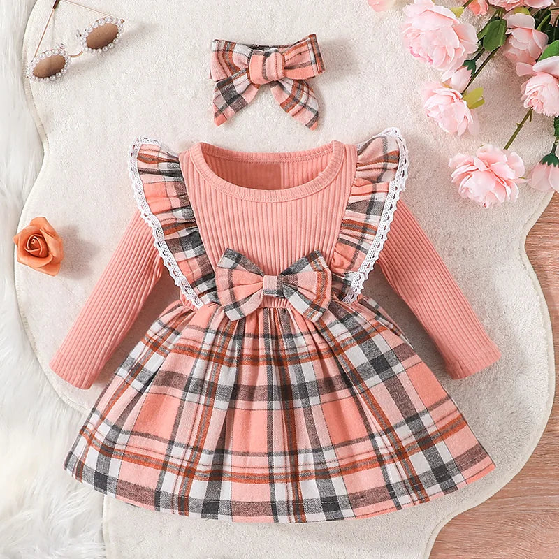 Dress For Kids 3 Months - 3 Years old Style Fashion Long Sleeve Christmas Red Grid Princess Formal Dresses Ootd For Baby Girl