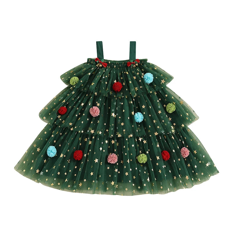 Citgeett Summer Christmas Kids Girl Dress Print Sleeveless Layered Tulle Dress Plush Ball Hat Xmas Clothes