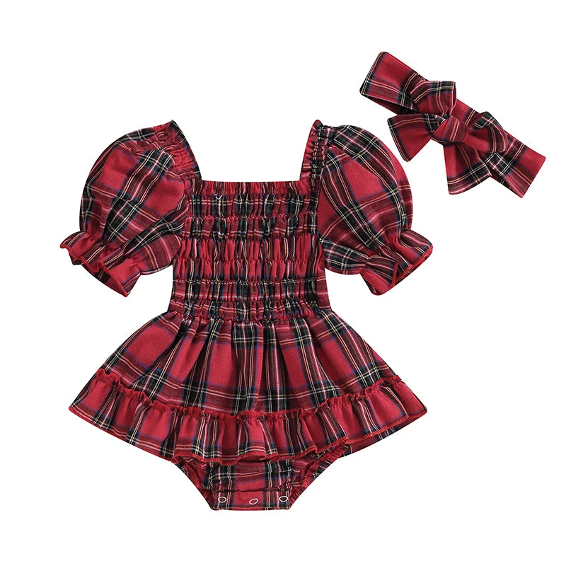 Citgeett Summer Christmas Infant Baby Girls Bodysuit Dress Plaid Print Short Puff Sleeve Jumpsuit + Bow Headband Xmas Clothes