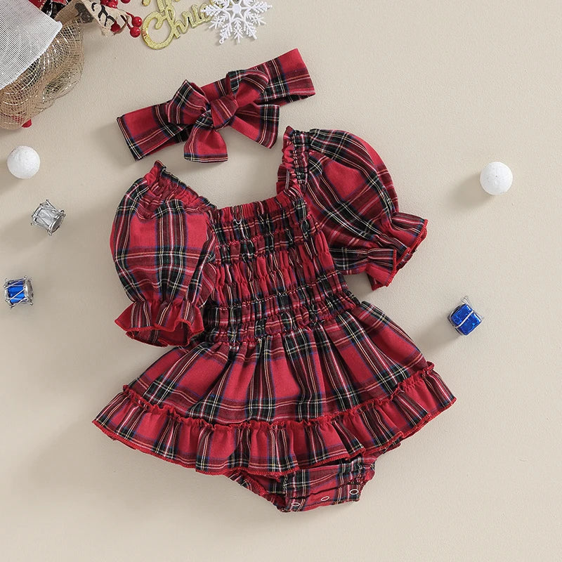 Citgeett Summer Christmas Infant Baby Girls Bodysuit Dress Plaid Print Short Puff Sleeve Jumpsuit + Bow Headband Xmas Clothes