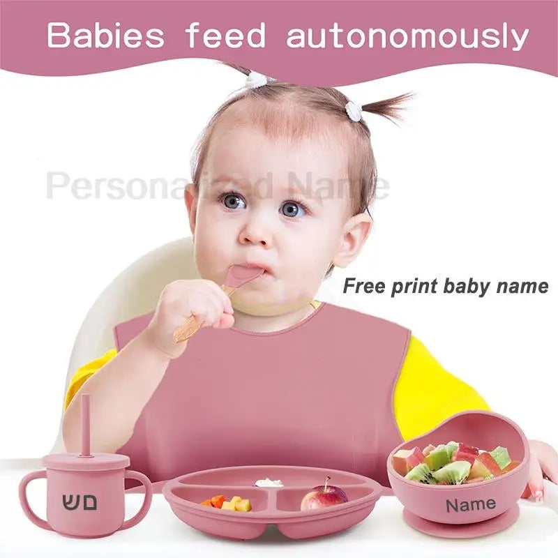 6Pcs Silicone Tableware For Kids Baby Feeding Sets Sucker Bowl Dining Plate Spoon Fork Bib Cup Personalized Name Children's Gift