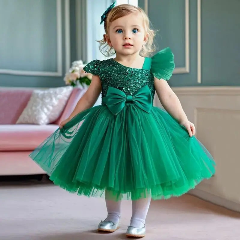 2024 New Girls Princess Sequins Dresses Toddler Kids 1st Birthday Baptism Gown Children Wedding Christmas Party Luxury Dress