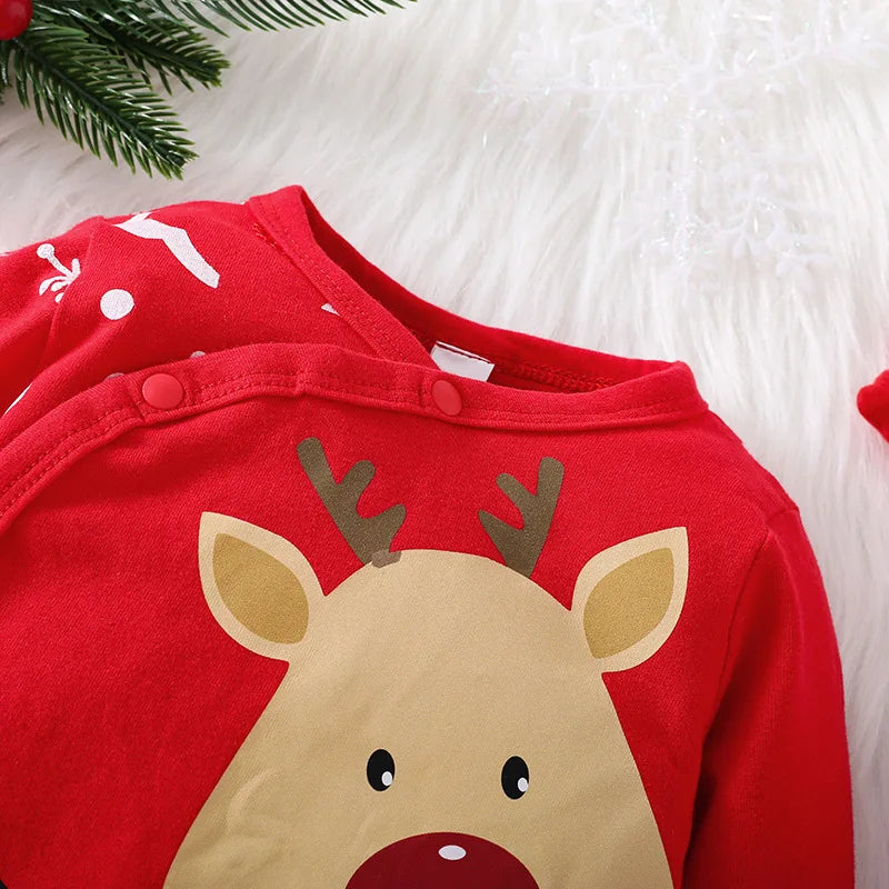 0-18M Baby Christmas Rompers Newborn Cartoon Cute Deer Jumpsuit With Xmas Hat My First New Year Costume For Baby Boys Girls