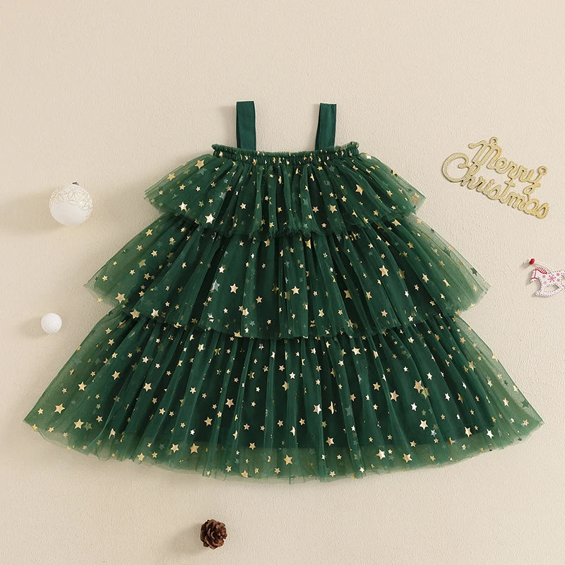 Citgeett Summer Christmas Kids Girl Dress Print Sleeveless Layered Tulle Dress Plush Ball Hat Xmas Clothes