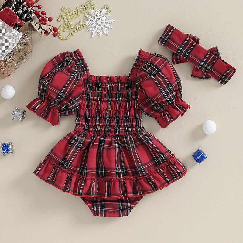 Citgeett Summer Christmas Infant Baby Girls Bodysuit Dress Plaid Print Short Puff Sleeve Jumpsuit + Bow Headband Xmas Clothes