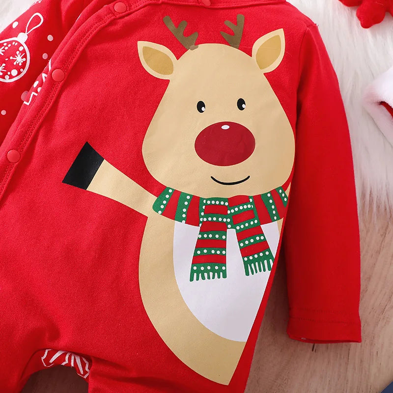 0-18M Baby Christmas Rompers Newborn Cartoon Cute Deer Jumpsuit With Xmas Hat My First New Year Costume For Baby Boys Girls