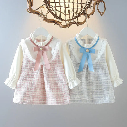 Spring And Autumn New Fake Two Piece Baby Girl Dress, Sweet Bow Grid Children'S Long Sleeve Clothes For 9 Months To 3 Years Old