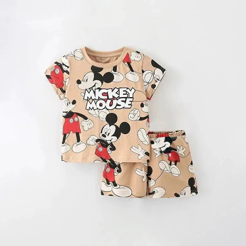 Short Sleeve Tshirt Tracksuits Casual Mickey Print Tees +Shorts Summer New Cartoon Full Print 2 Piece Sets Toddler Cute Clothing