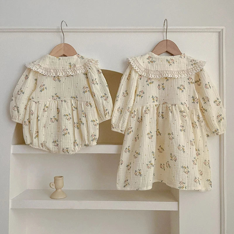 Spring Baby Girls Long Sleeve Sweet Sisters Flower Print Dress Autumn Infant Rompers Kids Baby Girls Princess Clothes Rompers