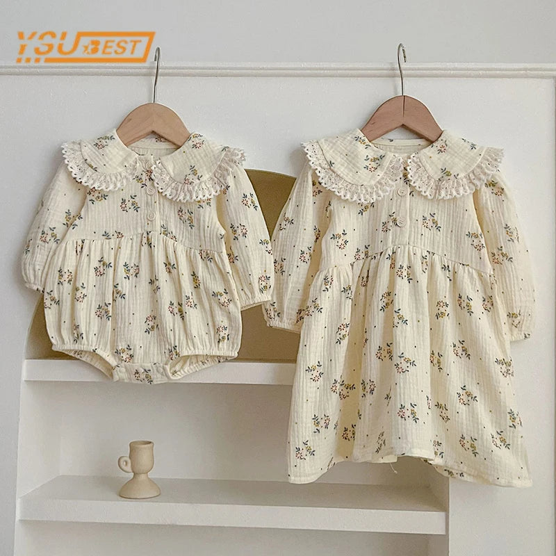 Spring Baby Girls Long Sleeve Sweet Sisters Flower Print Dress Autumn Infant Rompers Kids Baby Girls Princess Clothes Rompers