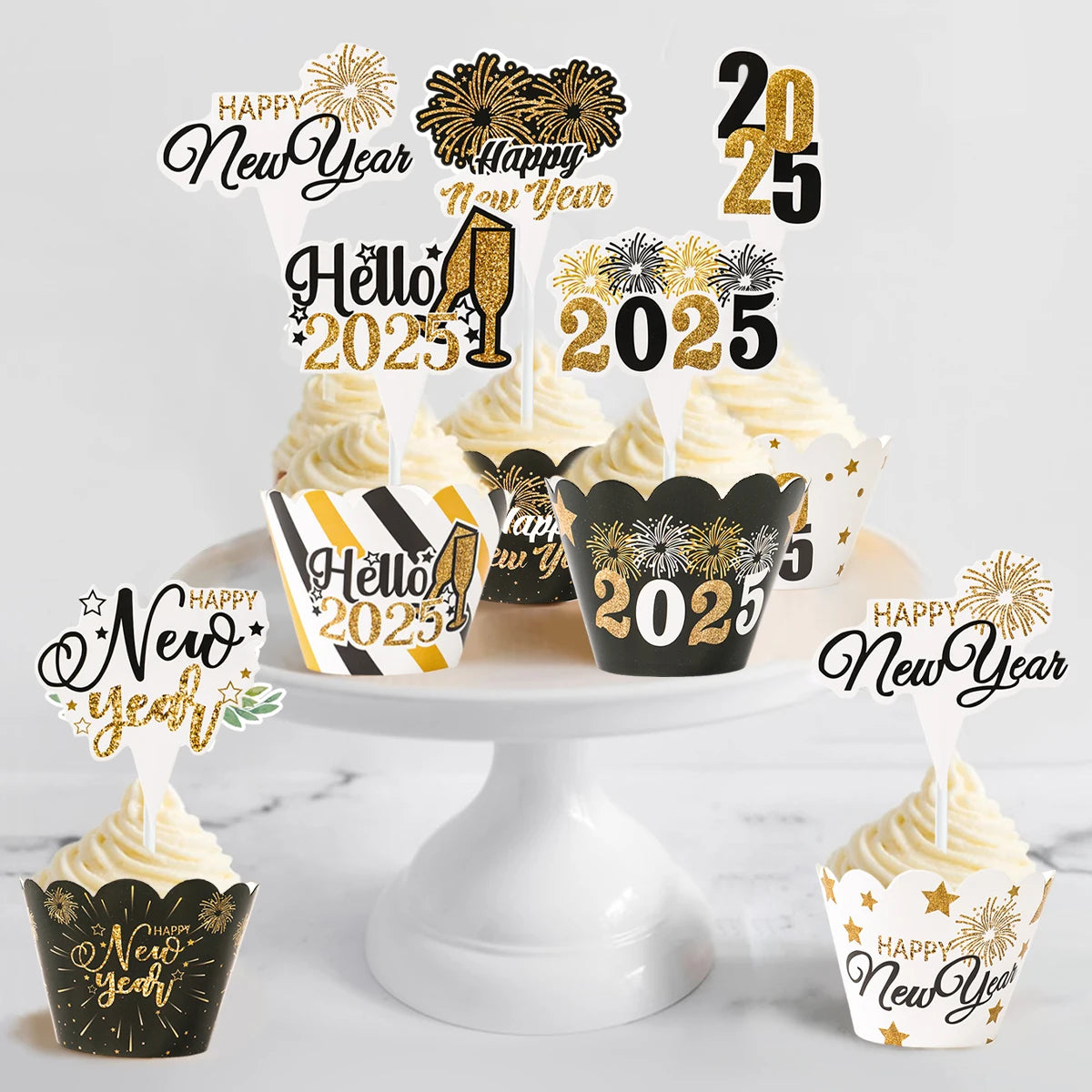 2025 New Year Cake Toppers Happy New Year Cake Insert Dessert Toppers New Year Party Decor Supplies Black Gold Cake Accessories