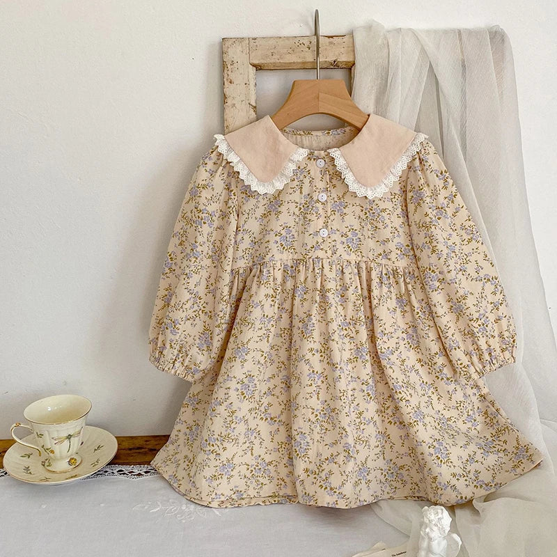 Autumn Baby Girls Doll Collar Dress Sweet Kid Baby Girls Dress Long Sleeve Flower Printing Princess Dress Children Clothes Dress