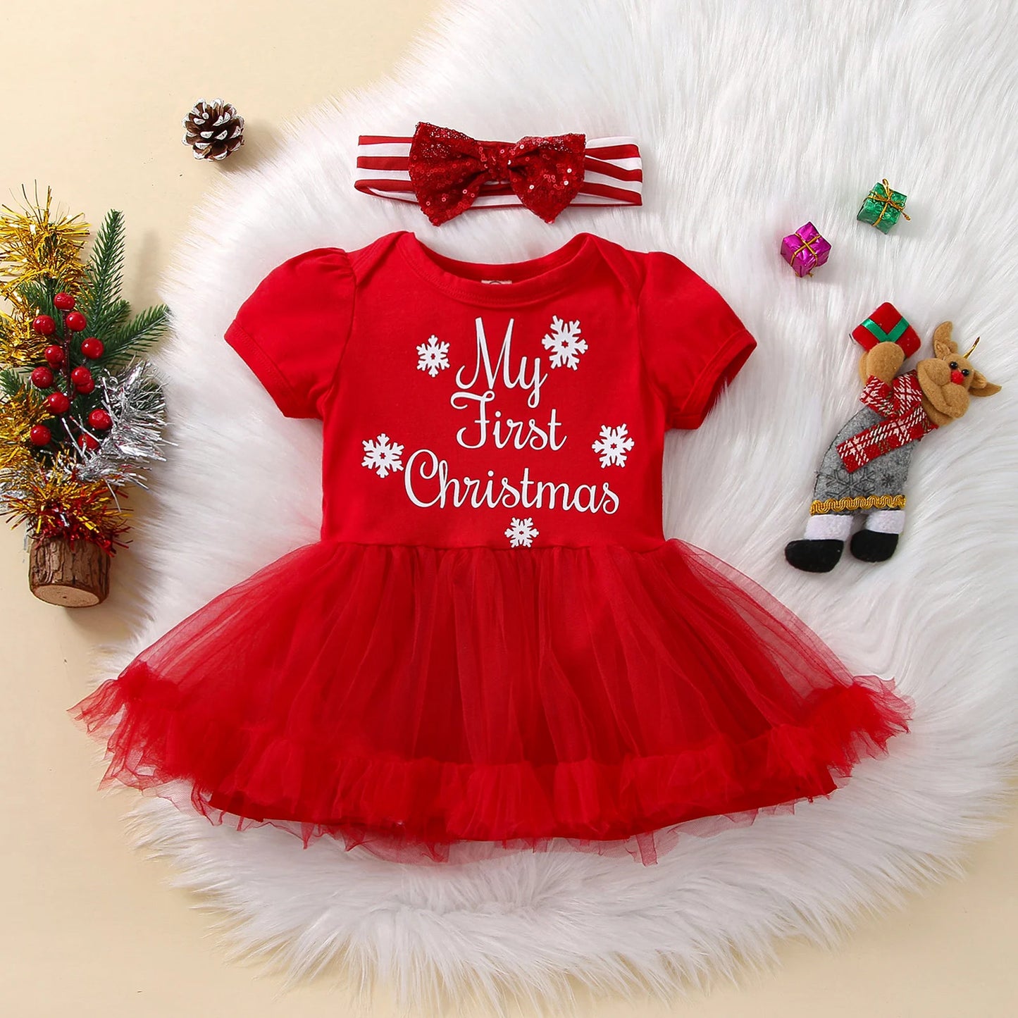 Ma&Baby 0-24M 1st Christmas Baby Girl Romper Newborn Infant Toddler Girl Letter Lace Ruffle Jumpsuit Xmas Costumes D01