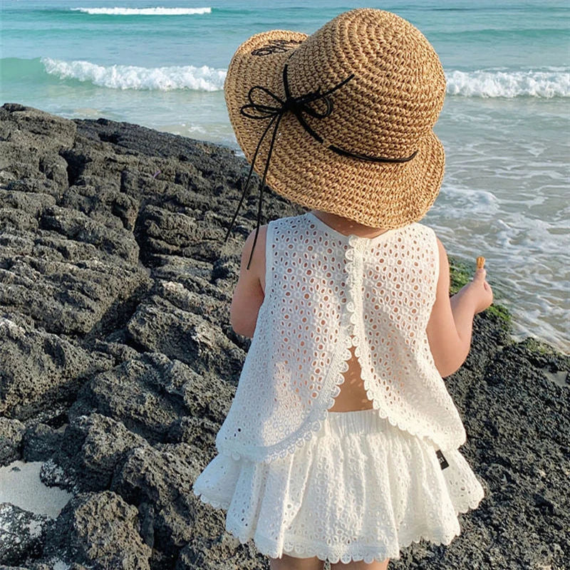 Girls 2024 Summer Clothing Sets Hollow Lace Suit Baby Casual Sleeveless T-shirt+Shorts Kids Clothing Sets Baby Clothes Outfits