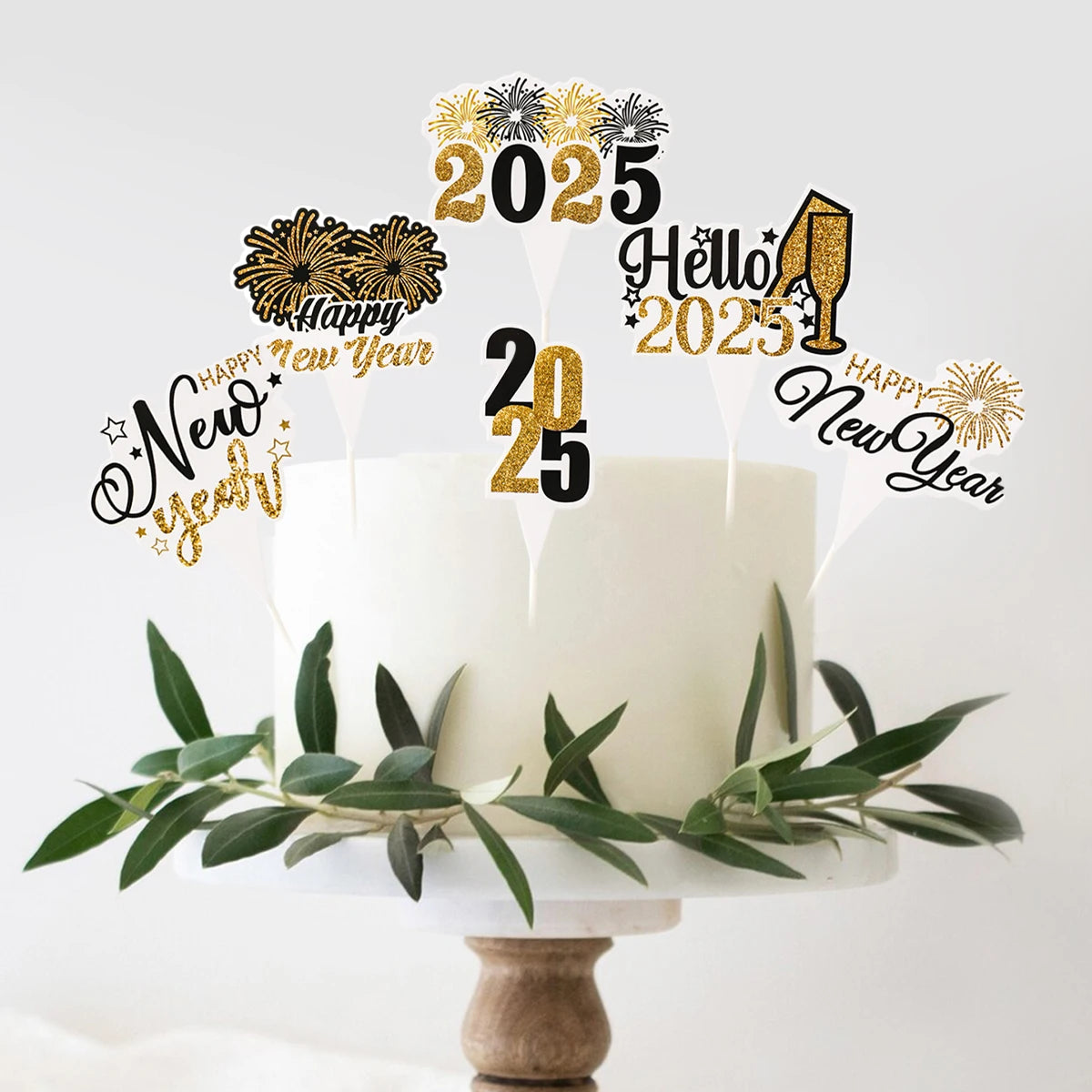 2025 New Year Cake Toppers Happy New Year Cake Insert Dessert Toppers New Year Party Decor Supplies Black Gold Cake Accessories