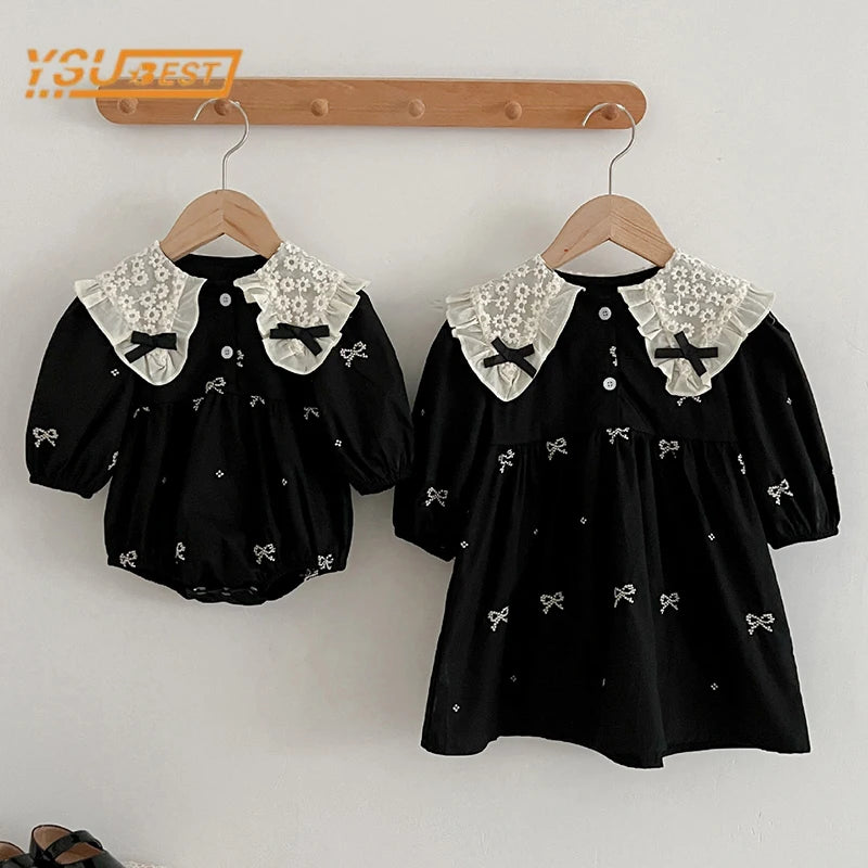 New Kids Baby Girls Long Sleeve Sweet Embroider Sisters Rompers Spring Autumn Kids Baby Girls Children Clothes Dress