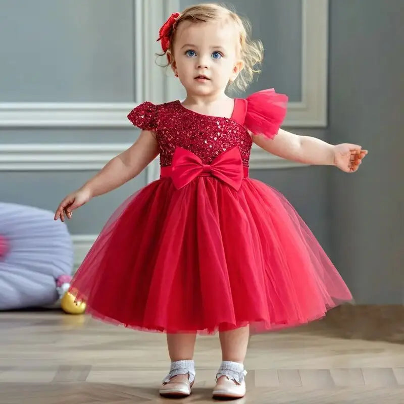 2024 New Girls Princess Sequins Dresses Toddler Kids 1st Birthday Baptism Gown Children Wedding Christmas Party Luxury Dress