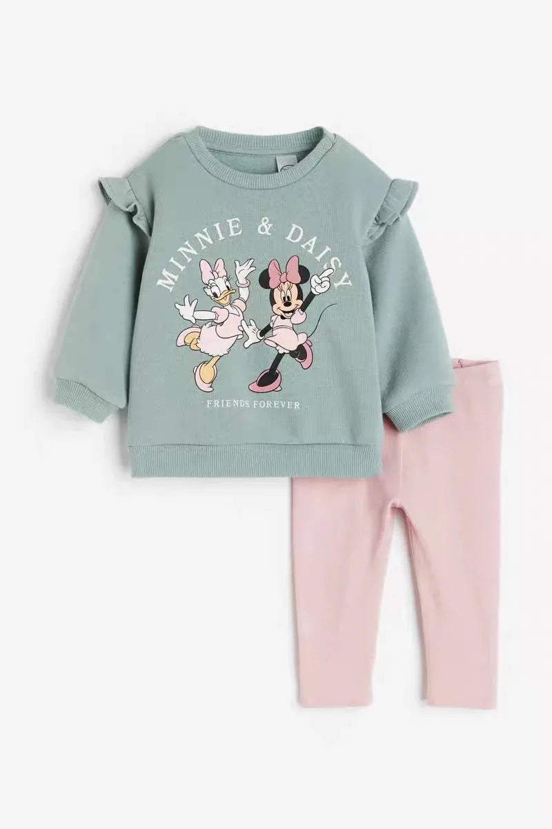 Girls Autumn Long Sleeve Suits 1-6Age Kids Cartoon Print Sweatshirt +Pants Two Piece Set Minnie Print Outfits Disney Clothing