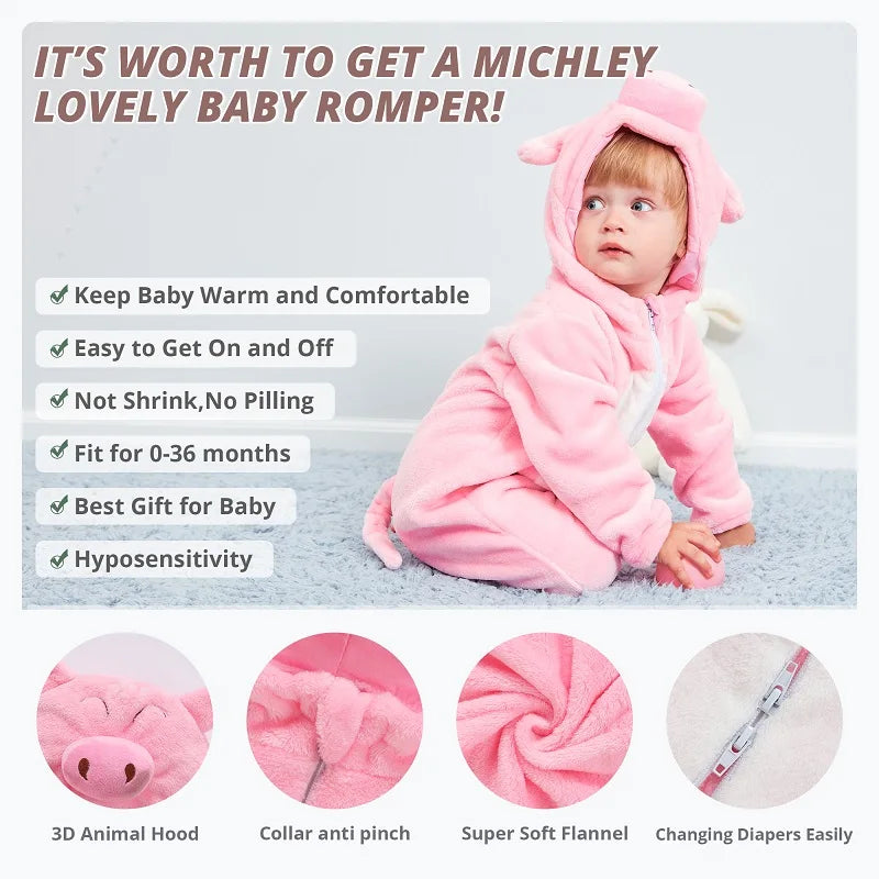 MICHLEY Halloween Gifts Pink Pig Baby Rompers Autumn Winter Clothes Costume Flannel Hooded Bodysuit Pajamas Jumpsuit For Girls