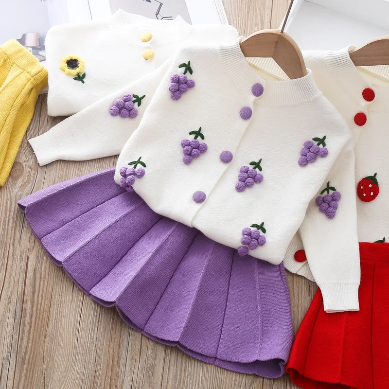 Girls long sleeve knitting suit 2024 Christmas autumn winter new girls sweater cardigan knitting Top + skirt two piece set