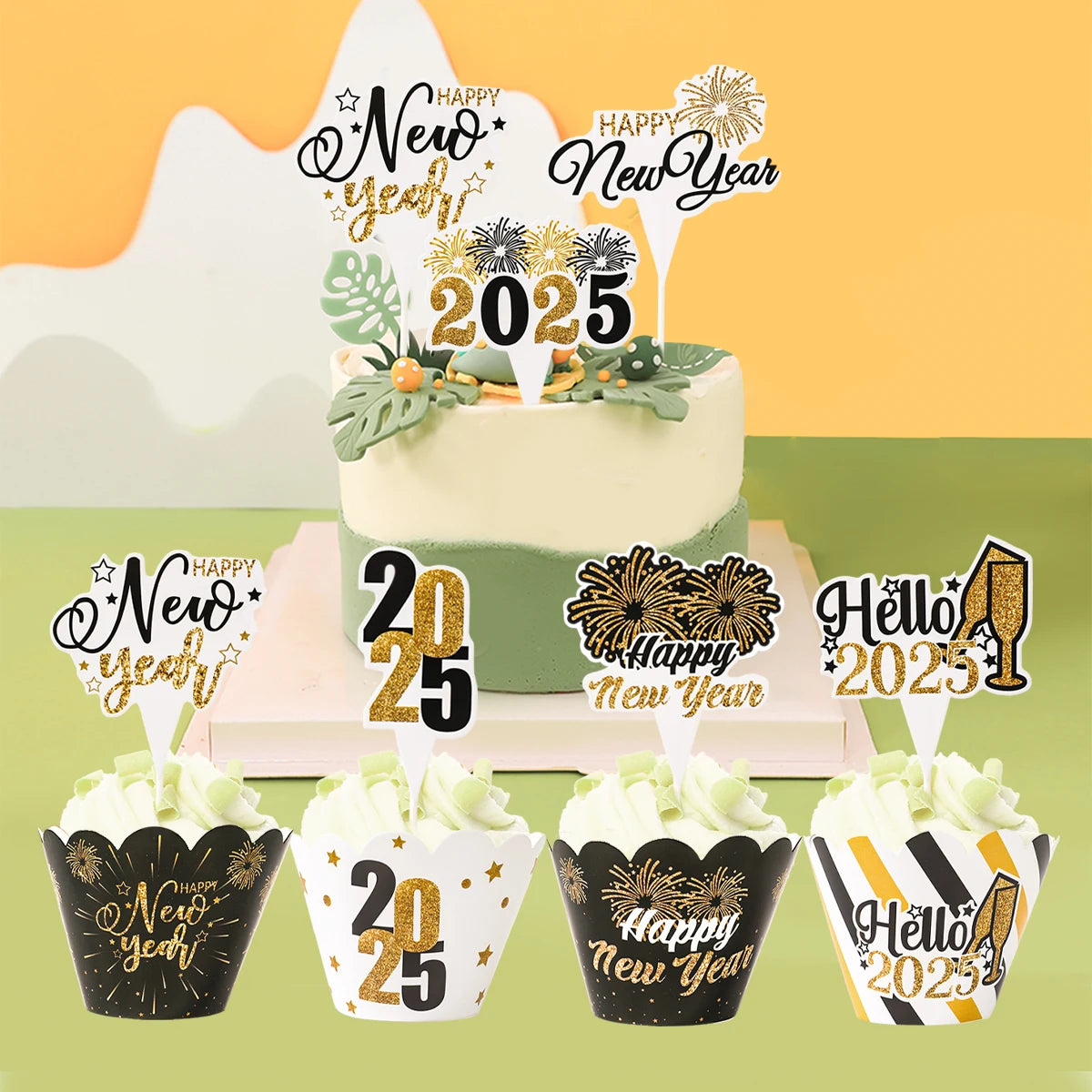 2025 New Year Cake Toppers Happy New Year Cake Insert Dessert Toppers New Year Party Decor Supplies Black Gold Cake Accessories