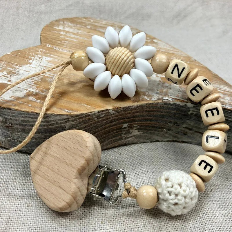 Custom Name Silicone Beads Wooden Ring Pacifier Clips Safe Teething Chains Baby Teether Eco-friendly Dummy Beech Clips Holder