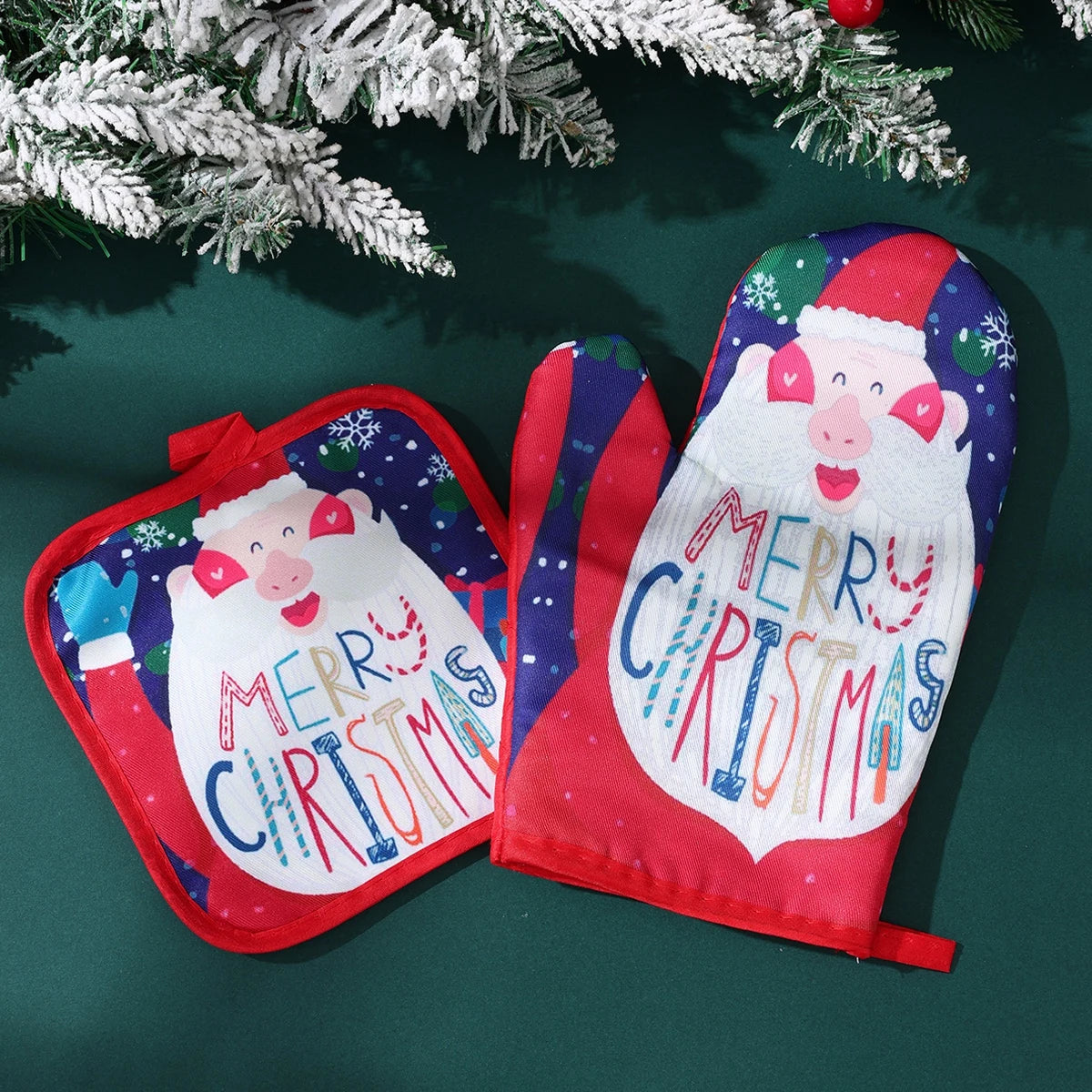 2Pcs/Set Christmas Microwave Glove Kitchen Anti-Hot Gloves Potholder Gloves Mitts for BBQ Insulation Gloves Oven Mitts Baking