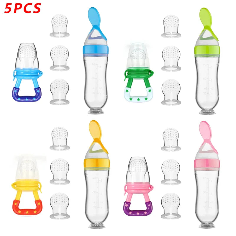 5pcs Silicone Squeezing Feeding Bottle Spoon Bottle Feeder Newborn Baby Training Drink Spoon Safe Tableware Training Feeder