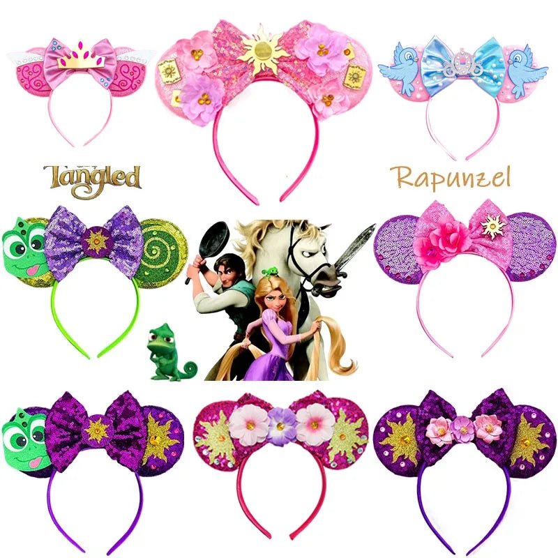 Mickey Mouse Rapunzel Hair Accessories Women Sun Flower Ears Headbands Kids Sequins Bow Chameleon Hairbands Tangled Headwear