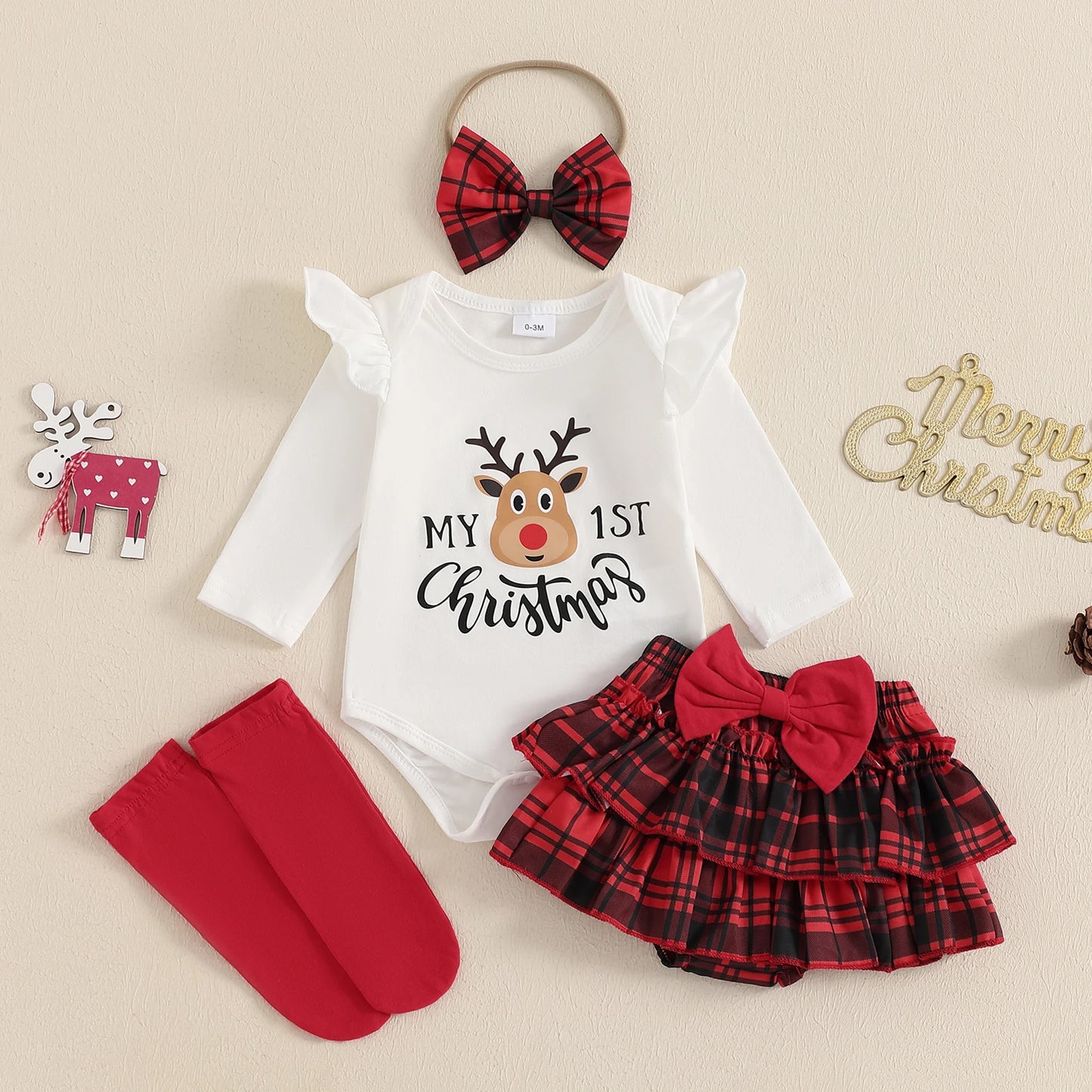 Citgeett Autumn Christmas Infant Baby Girl Outfit Letter Print Ruffle Long Sleeve Romper Plaid Layered Ruffle Shorts Clothes