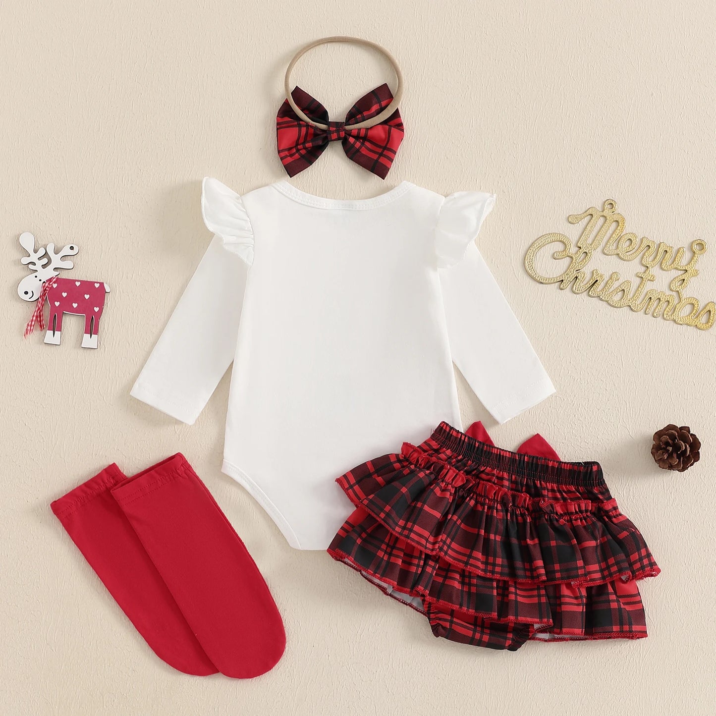 Citgeett Autumn Christmas Infant Baby Girl Outfit Letter Print Ruffle Long Sleeve Romper Plaid Layered Ruffle Shorts Clothes