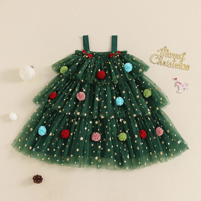 Citgeett Summer Christmas Kids Girl Dress Print Sleeveless Layered Tulle Dress Plush Ball Hat Xmas Clothes