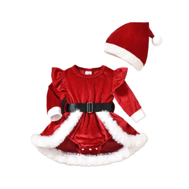 Citgeett Winter Christmas Infant Baby Girls Velvet Bodysuit Dress Long Sleeve Cartoon Jumpsuit Hat Outfits Xmas Clothes