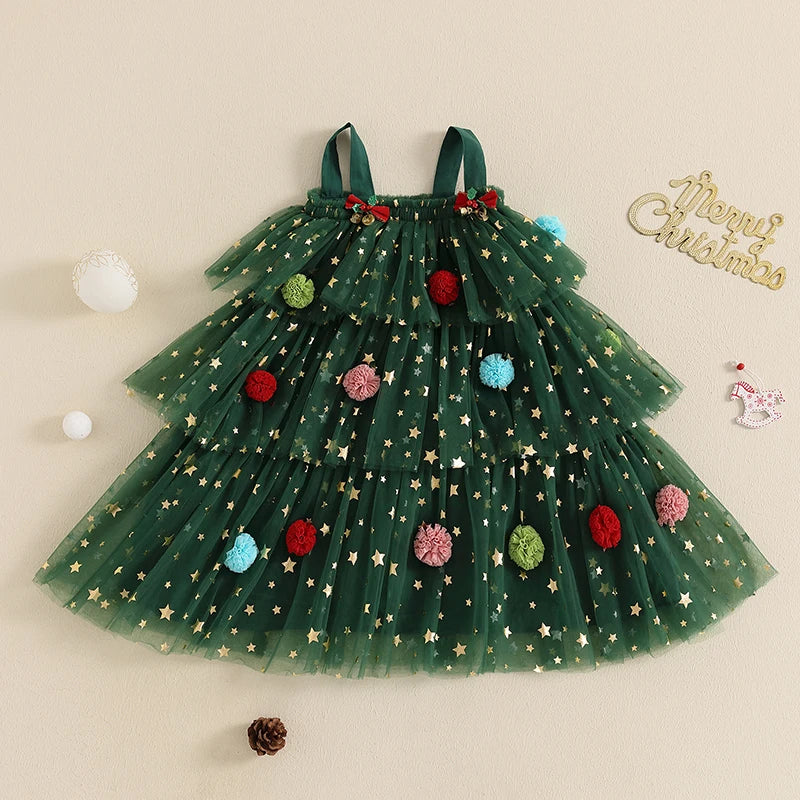 Citgeett Summer Christmas Kids Girl Dress Print Sleeveless Layered Tulle Dress Plush Ball Hat Xmas Clothes