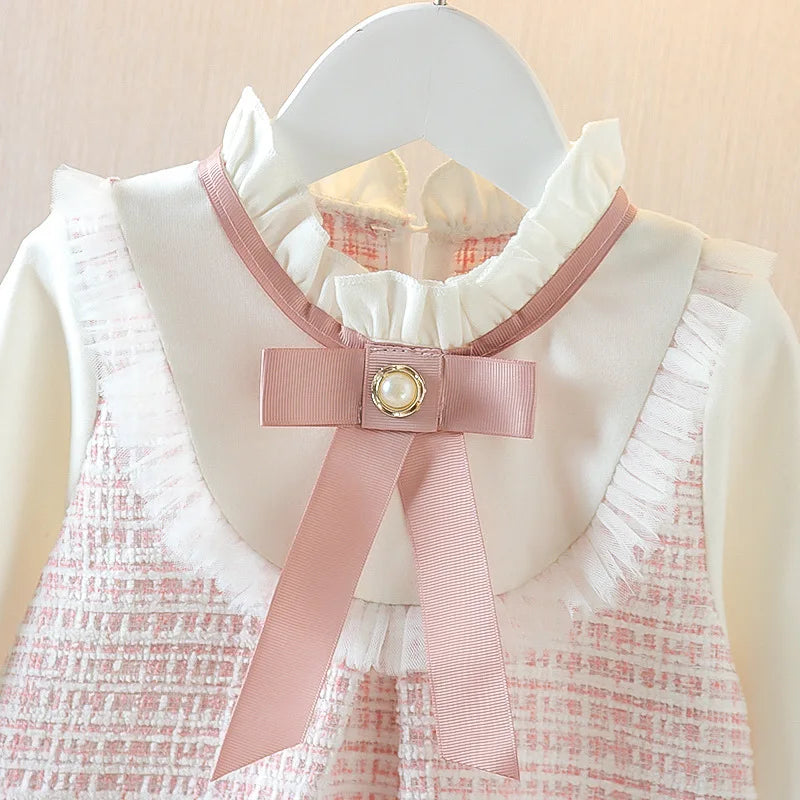 Spring And Autumn New Fake Two Piece Baby Girl Dress, Sweet Bow Grid Children'S Long Sleeve Clothes For 9 Months To 3 Years Old