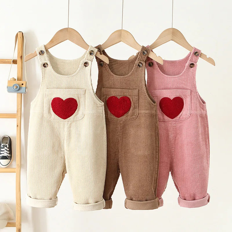 Spring 1-4Y Toddler Baby Boys Girls Solid Corduroy Suspander Overalls Heart Pattern Kids Playsuit Jumpsuit Clothes Romper