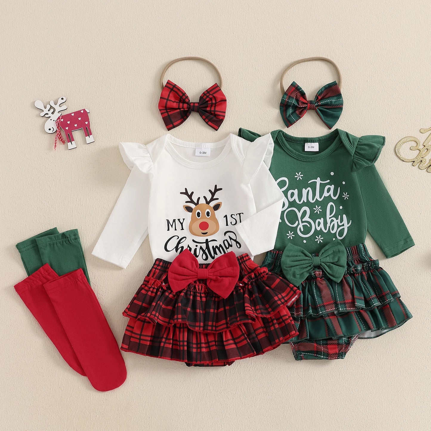 Citgeett Autumn Christmas Infant Baby Girl Outfit Letter Print Ruffle Long Sleeve Romper Plaid Layered Ruffle Shorts Clothes