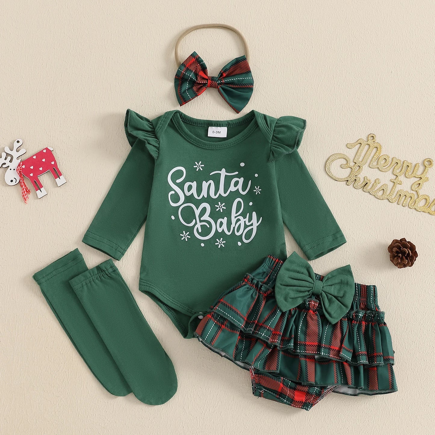 Citgeett Autumn Christmas Infant Baby Girl Outfit Letter Print Ruffle Long Sleeve Romper Plaid Layered Ruffle Shorts Clothes