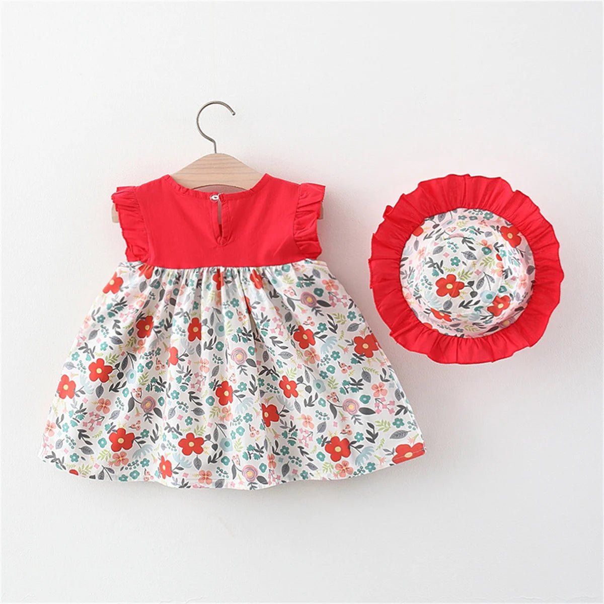 2-Piece Baby Girl Beach Outfit Baby Floral Patchwork Sleeveless Sweet Loose Fitting Dress+Sun Hat Children'S Sweet Clothes