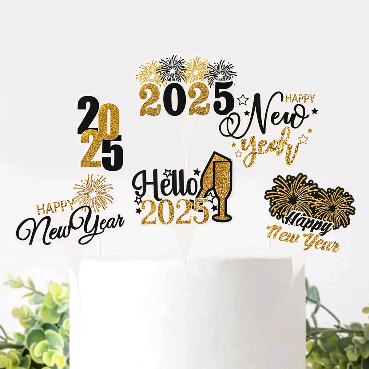 2025 New Year Cake Toppers Happy New Year Cake Insert Dessert Toppers New Year Party Decor Supplies Black Gold Cake Accessories